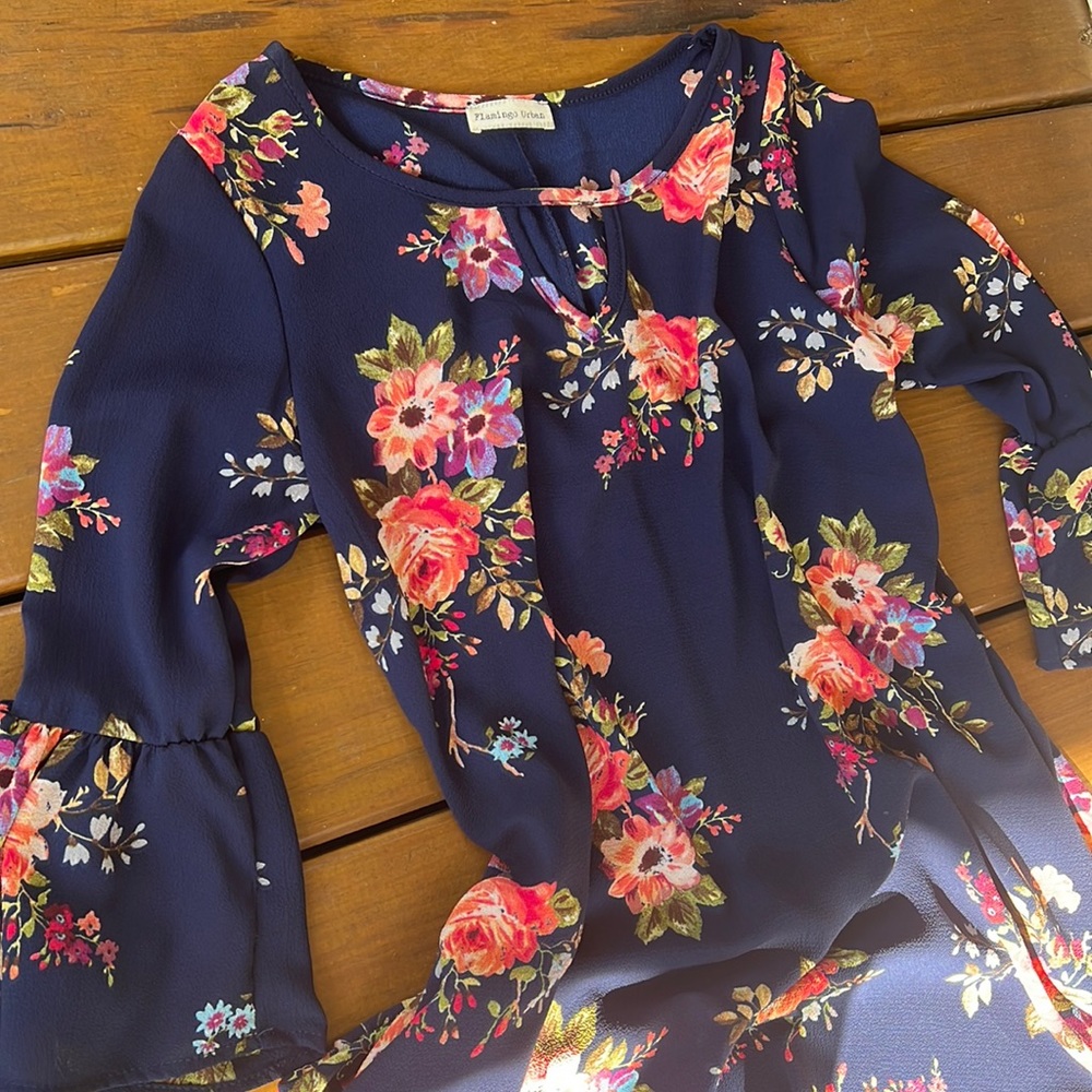 Navy Floral Bell Sleeve Top